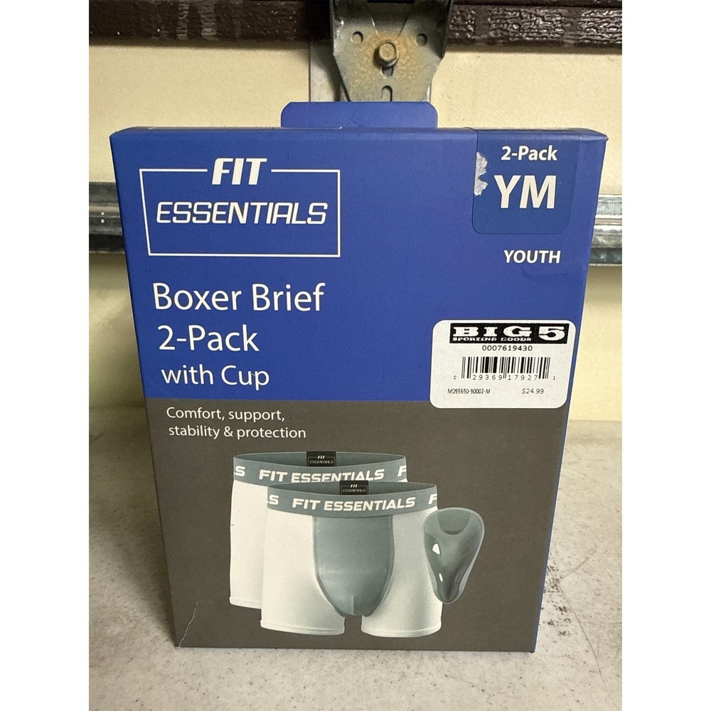 Fit Essentials Kids' Boxer Brief with Cup - 2-Pack - White/Gray, YM, Youth/M